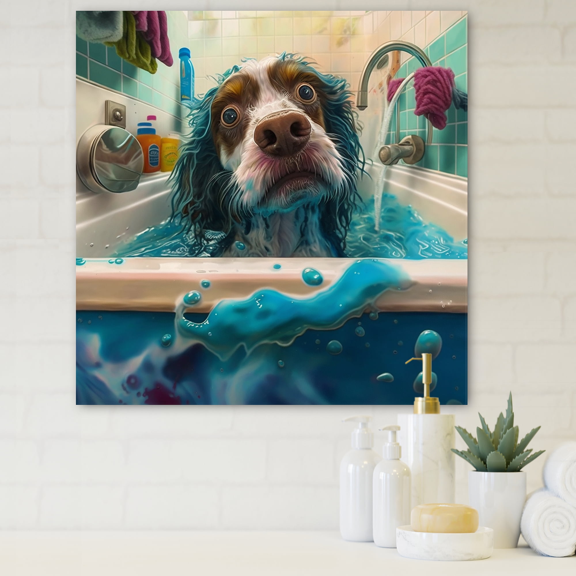 Designart Funny Dog In The Bath Canvas Wall Art