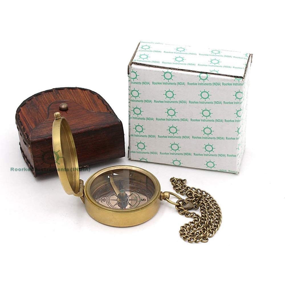 Roorkee Instruments (India)Brand Brass Golden Color Engraved Compass with Imprinted Leather Case