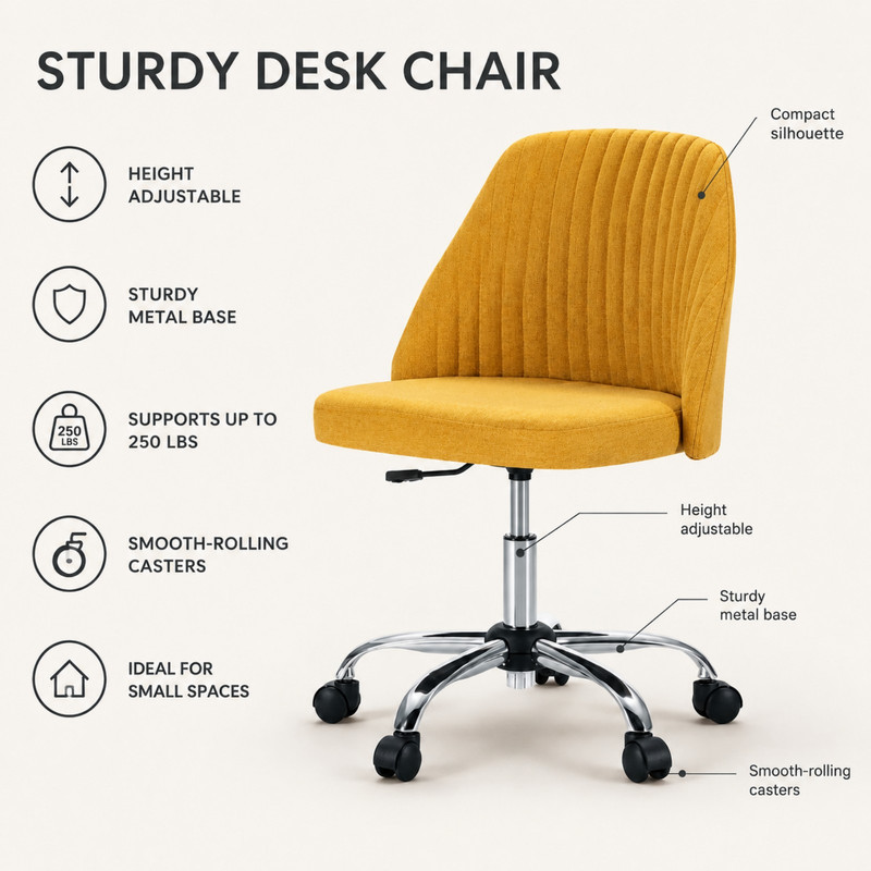 BEAUTYPEAK Armless Vanity Chair Adjustable Swivel Fabric Desk Chair with Padded Seat Wheels Mid-Back Office Chair, Ginger