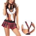 thumbnail image 4 of Estudiante Sexy Uniforme Red Grid Strap Uniforme Tentación Con Cuello En V Traje De Falda Sexy kenally XX000140-00, 4 of 7