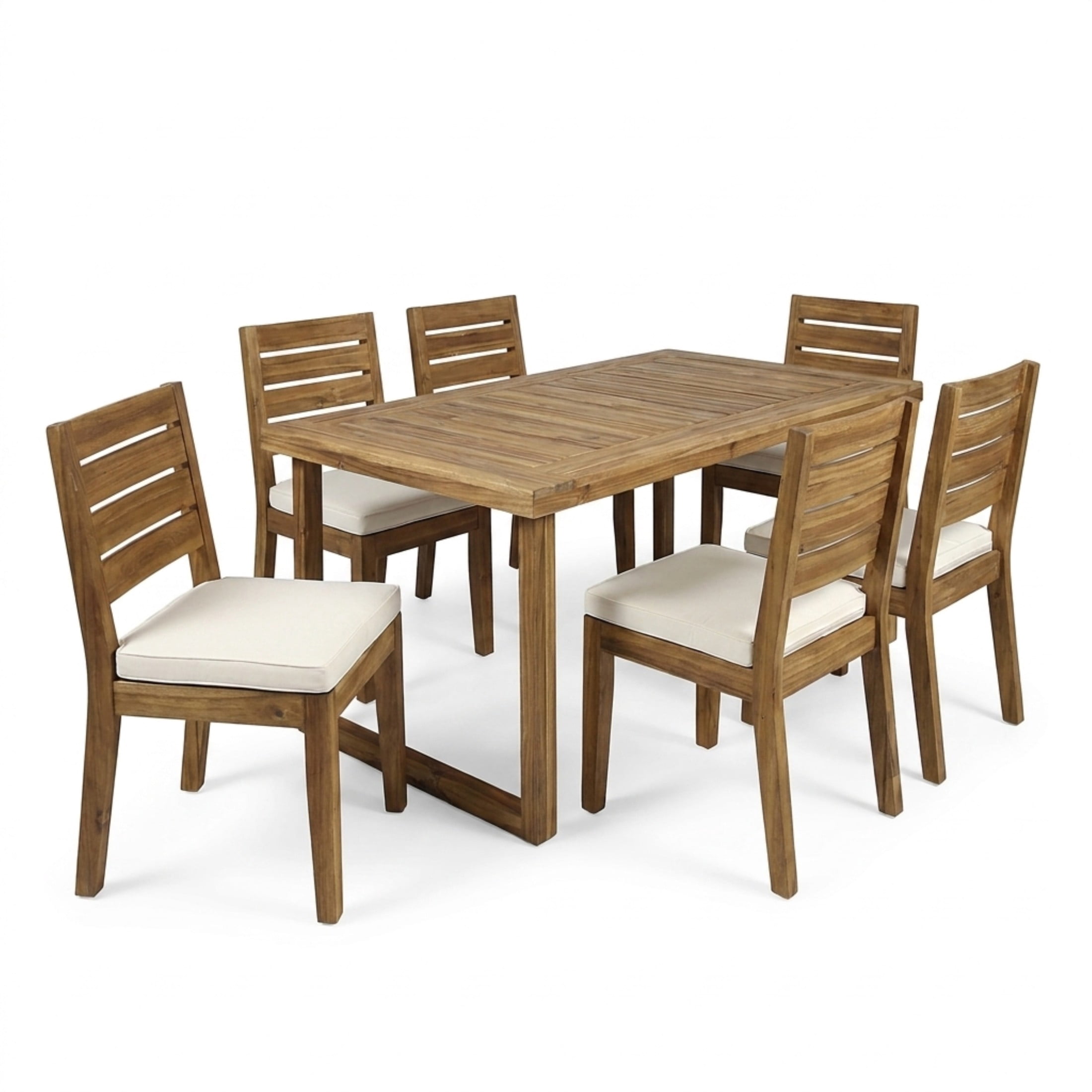 Christopher Knight Home 7-Piece Wood Outdoor Dining Set, 69" Table with Armless Cushioned Chairs, Natural+Beige