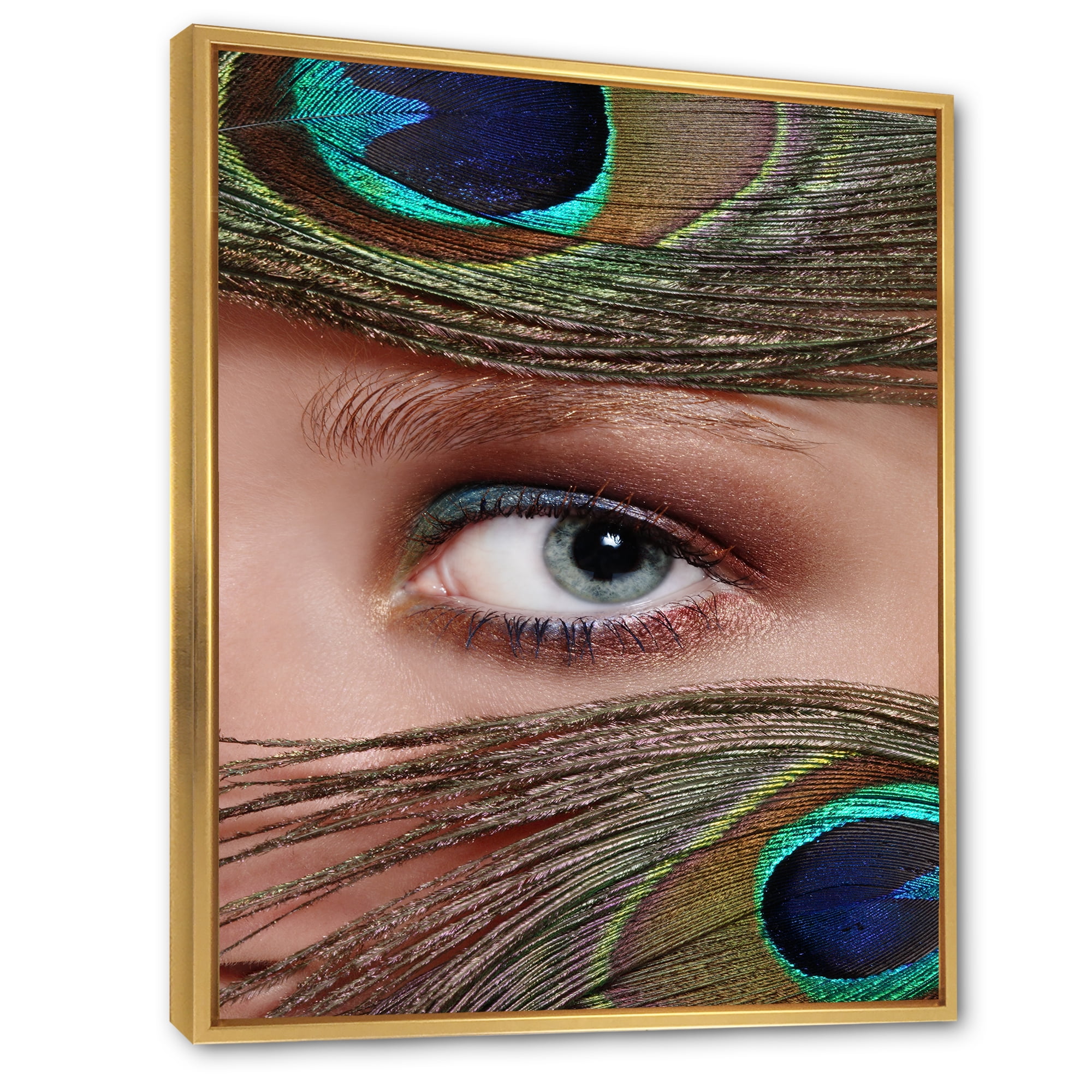 Designart 'Peacock Feathers and Eye' Bohemian & Eclectic Framed Canvas Wall Art Print