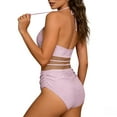 thumbnail image 5 of Kctiaxy Womens Bathing Suits Solid Color Halterneck Lace Bathing Suits Padded Backless Cut Out Off-Shoulder One Piece Bikini Swimsuit, 5 of 5
