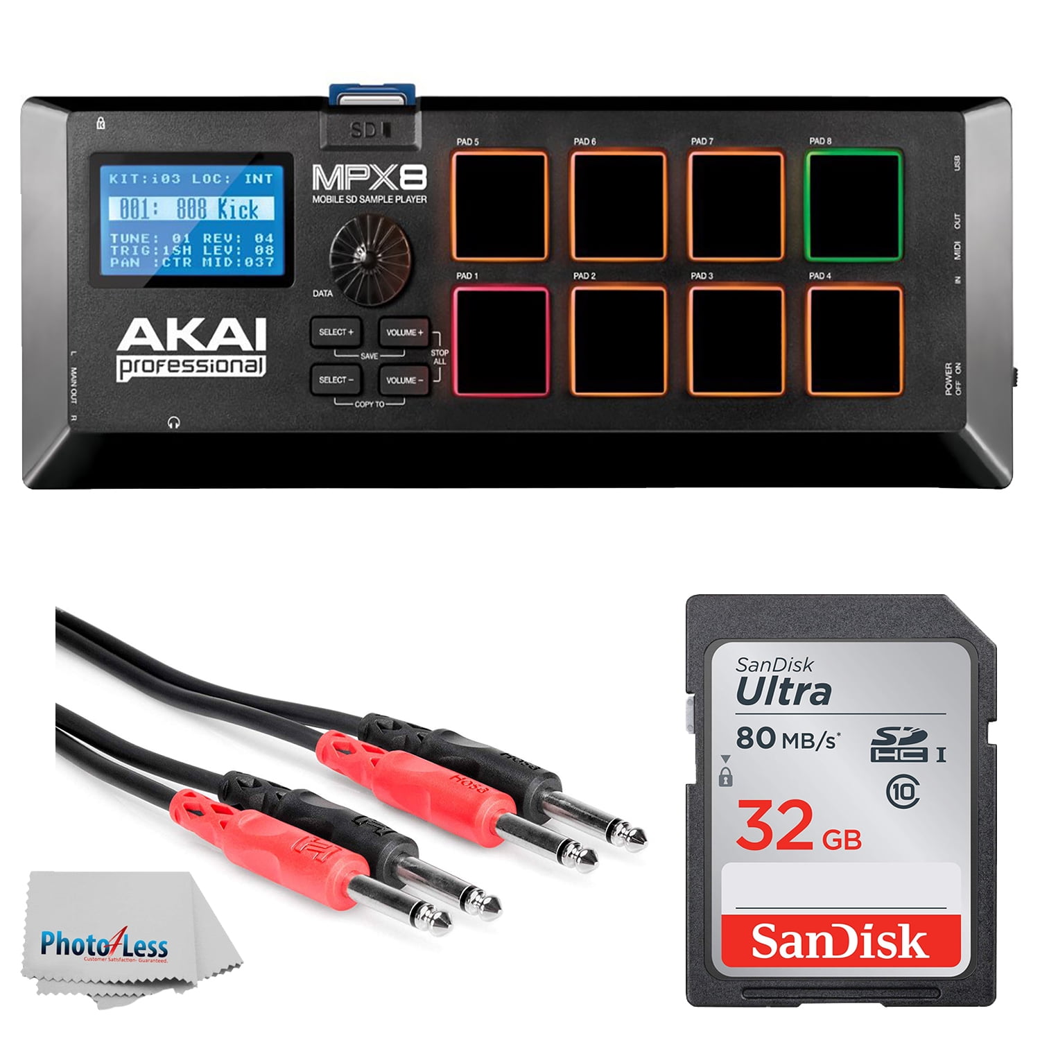 Akai Professional MPX8 SD Sample Pad Controller 32GB Card Hosa Stereo  Cable