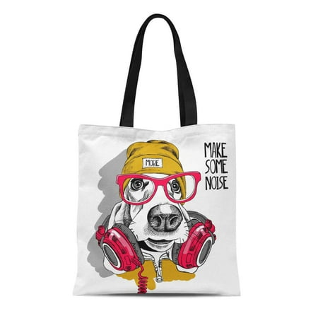 KDAGR Canvas Tote Bag Basset Hound Dog in Red Glasses Yellow Hipster Hat Durable Reusable Shopping Shoulder Grocery Bag