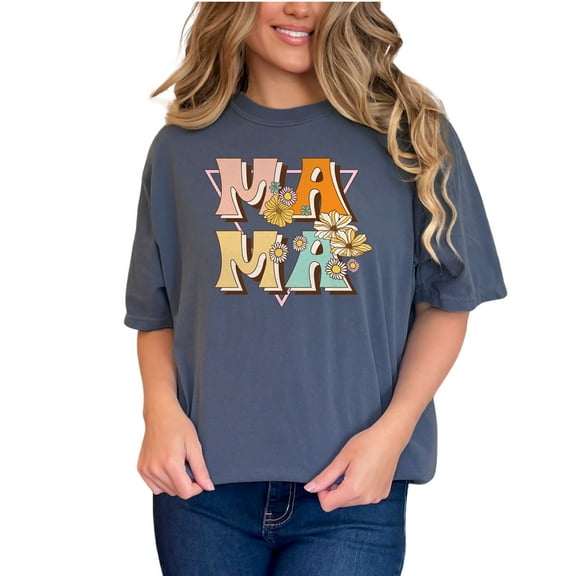 Retro Mama, Flowers Art Mother's Day, Denim Comfort Colors T-Shirt, Small