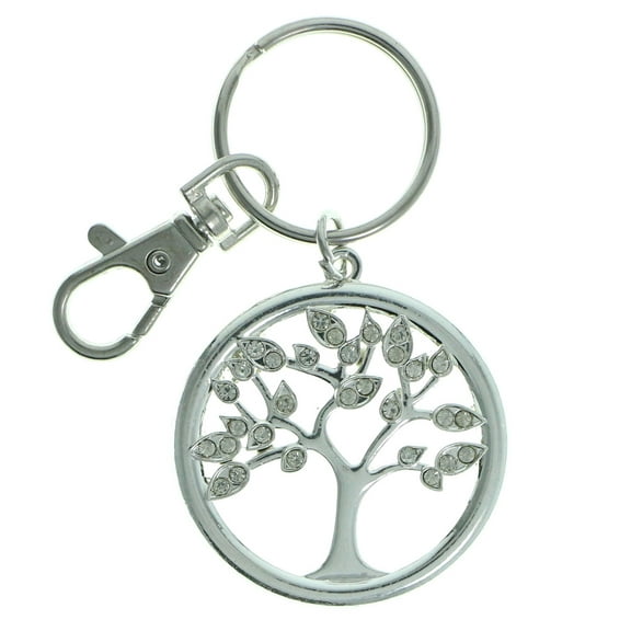 Tree of Life Keychain with Rhinestones Accents on Leaves Silver-tone