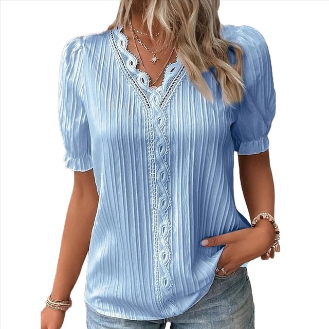 Blusa Elegante de Encaje con Cuello en V y Corta para Mujer Azul L