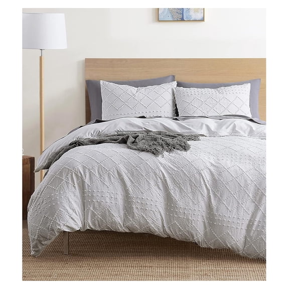 Drevy Boho Bedding Queen - White Duvet Cover Queen Size, Textured Queen Duvet Cover Set, 3 Piece Tufted Boho Duvet Cover with Zipper Closure, 1 Queen Size Duvet Cover 90x90 Inches and 2 Pillow Shams