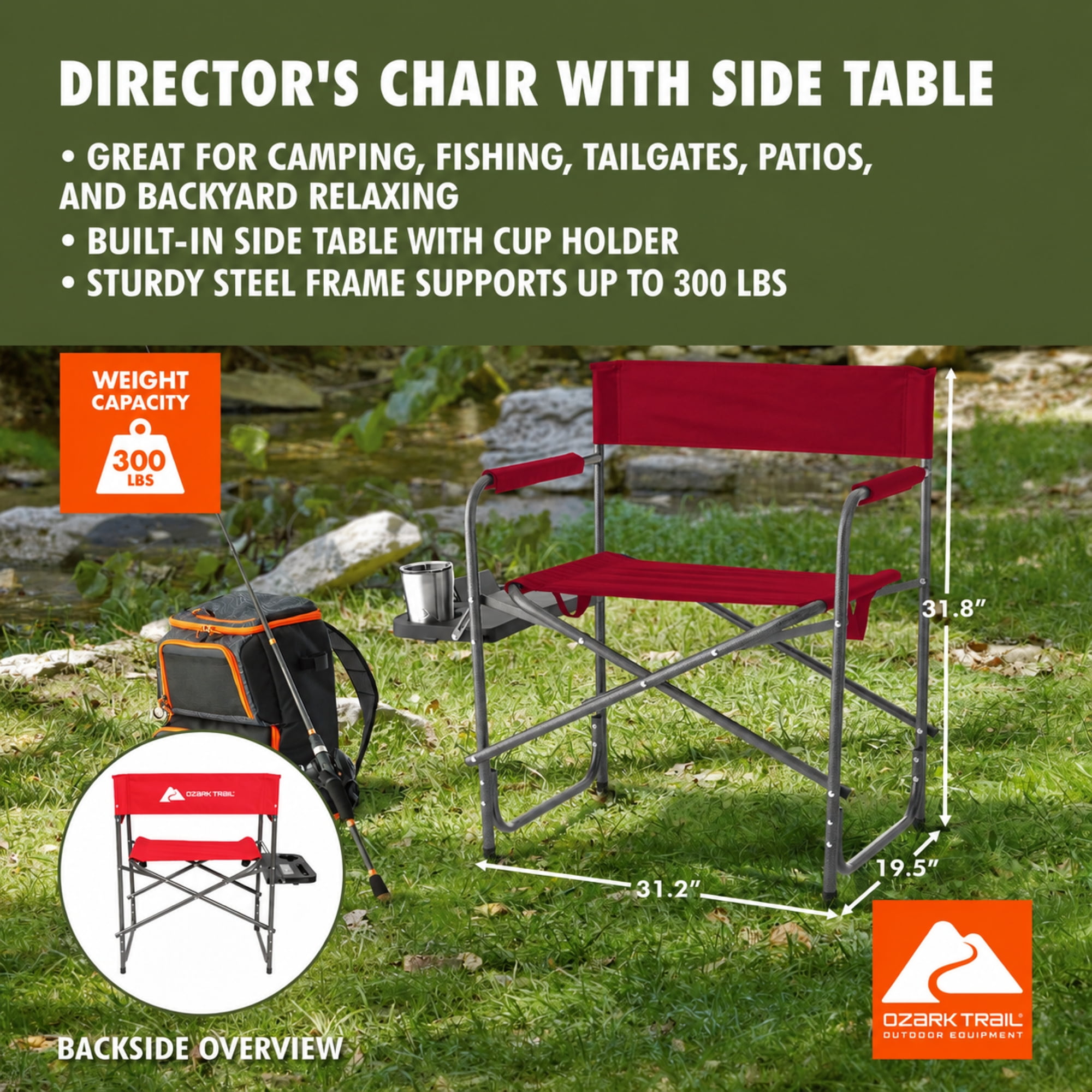 Ozark Trail Director Chair with Side Table, Red