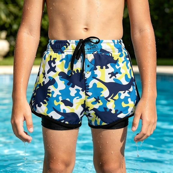 Boys Cartoon Print Drawstring Soft Breathable Swim Trunks with Liner Summer Beach Shorts Size 5-6Y