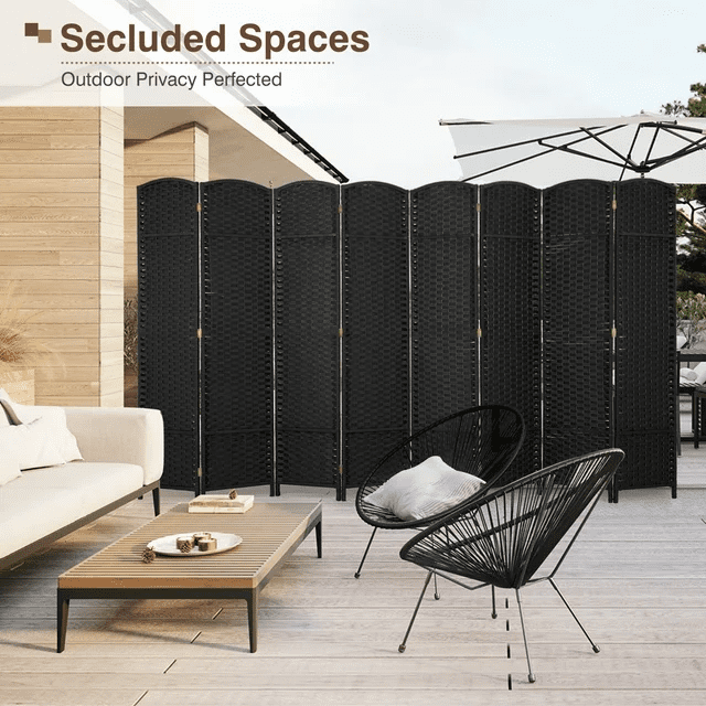 CL.HPAHKL 8 Panel Room Divider 5.57 ft Tall, Folding Privacy Screen with Hand-Woven Design & Solid Wood Frame, Freestanding Room Partition Panel for Home, Office, Black