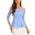 thumbnail image 1 of INSPIRAR CHIC Blusa de Encaje Floral para Mujeres, Off Shoulder, Transparente, Manga 3/4, Top Peplum M Azul Cielo, 1 of 5