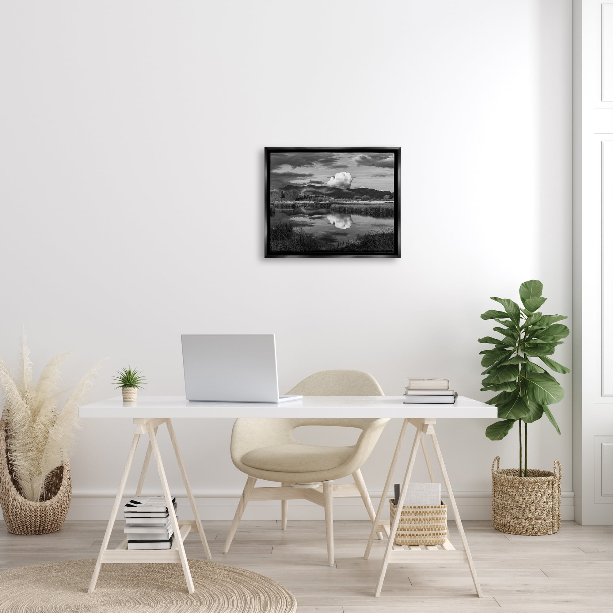 Stupell Industries Puffy Cloud Over Mountain Grassy Marsh Landscape Photograph Jet Black Floating Framed Canvas Print Wall Art, Design by Steve Smith