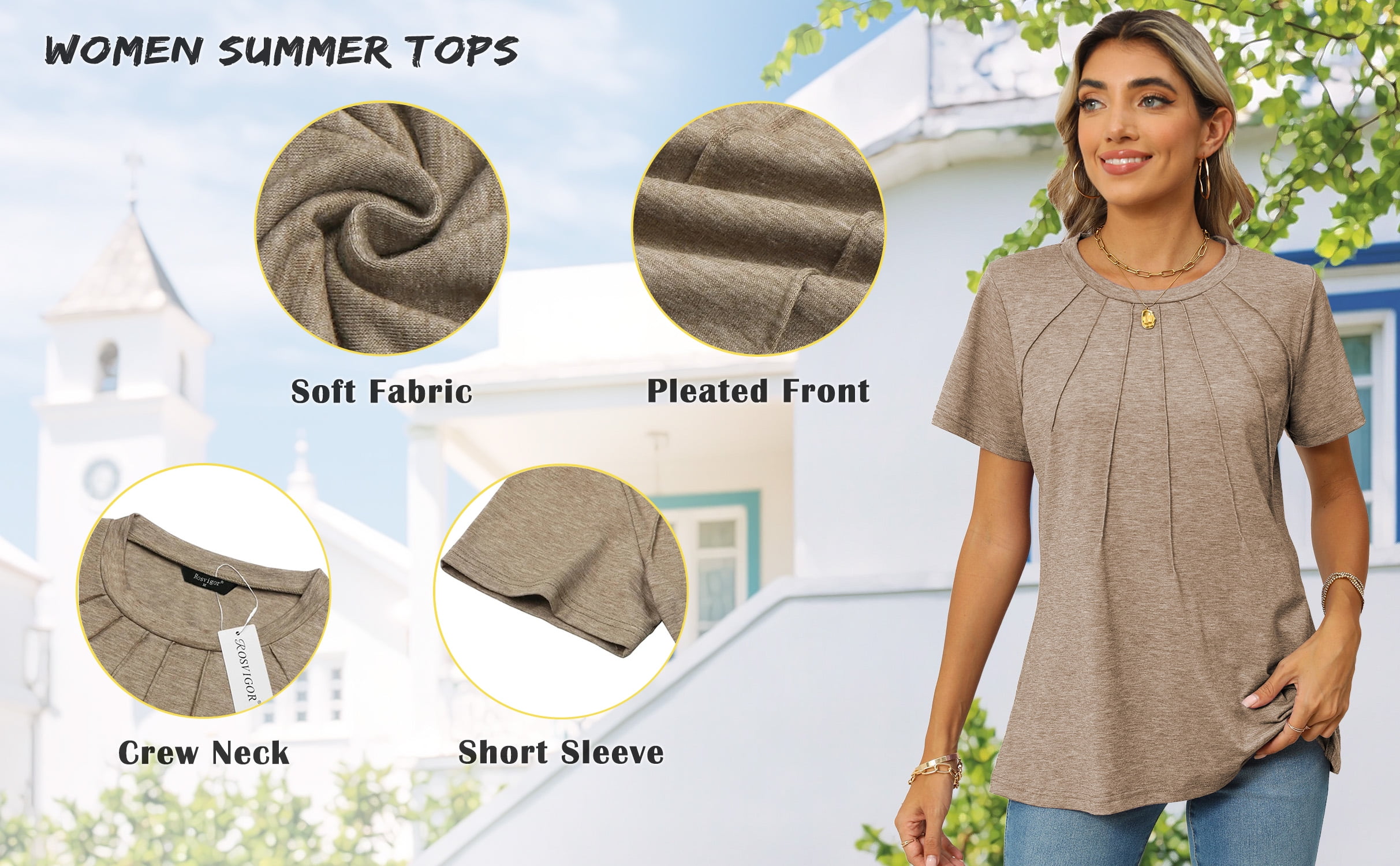 Rosvigor Blouses for Women Short Sleeve Shirts Casual Dressy Summer Tops with Pleats