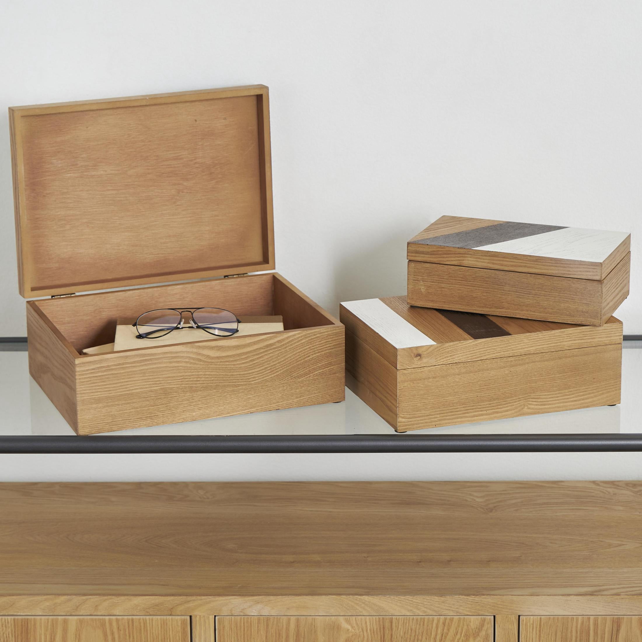 DecMode Geometric Brown Wooden Decorative Box with Cream and Dark Brown Stripes, 3 Count