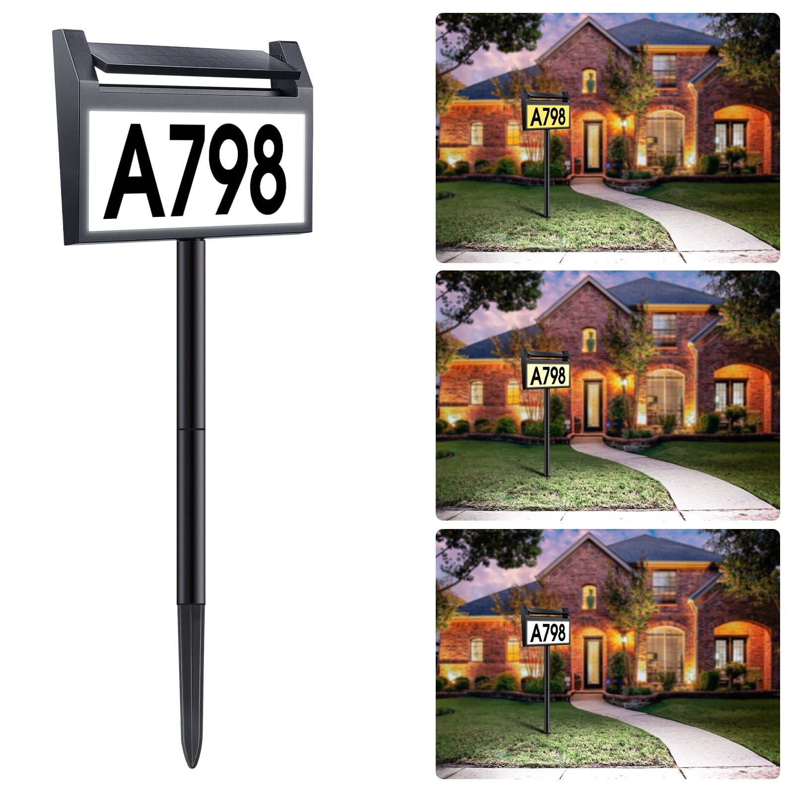 DEERDANCE Solar Address Sign Lighted House Numbers Waterproof, Solar Powered LED Illuminated Address Plaques with Stakes, 3-Color in 1 Address Number