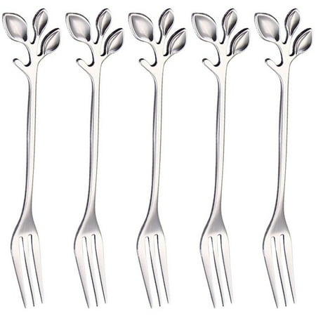 

Stainless Steel Fork Leaf-Shaped Handle Dessert Fork Fruit Salad Meat Kitchen Accessories. Silver 5 Items