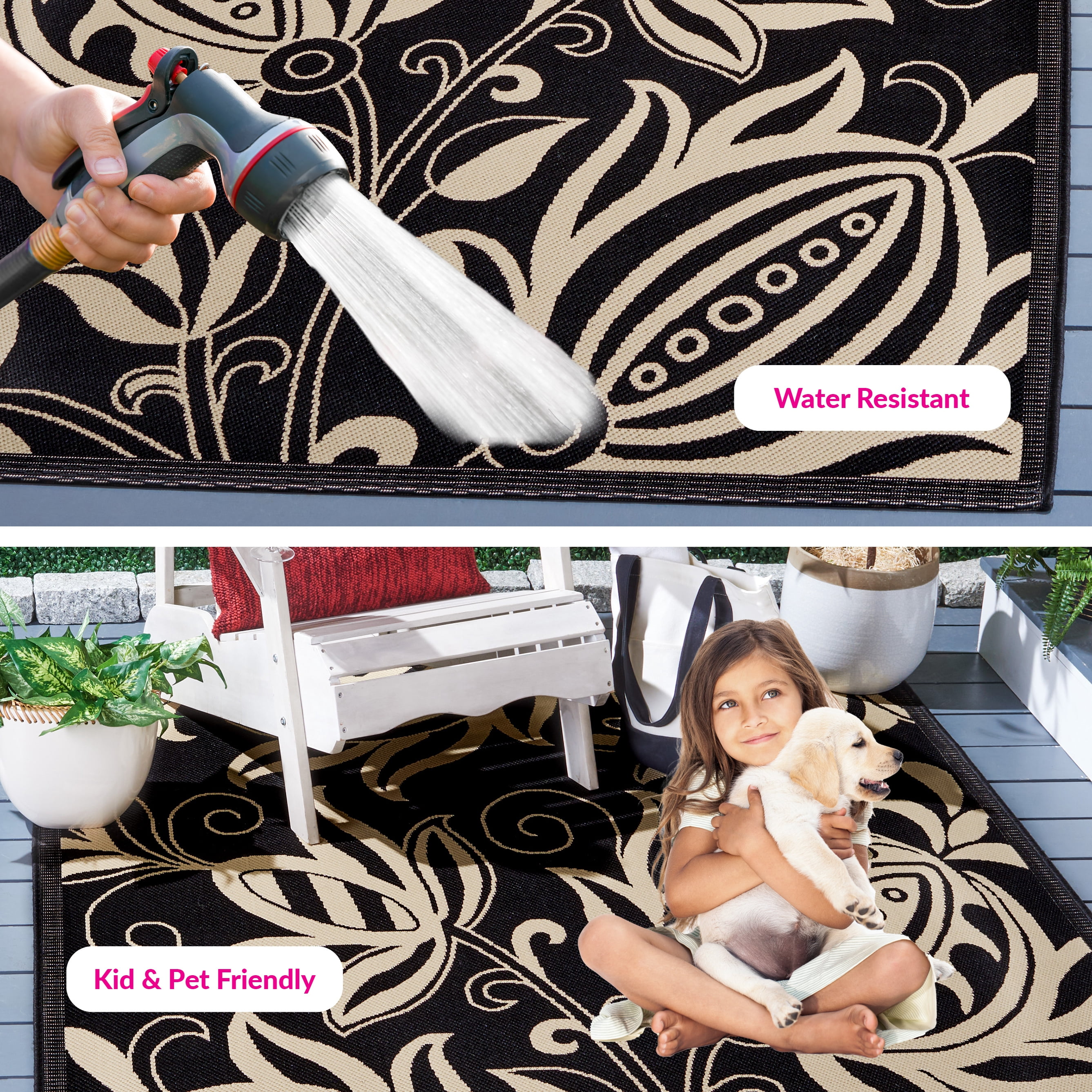 Safavieh Courtyard Crystal Floral Indoor/Outdoor Area Rug, Black/Sand, 9' x 12'