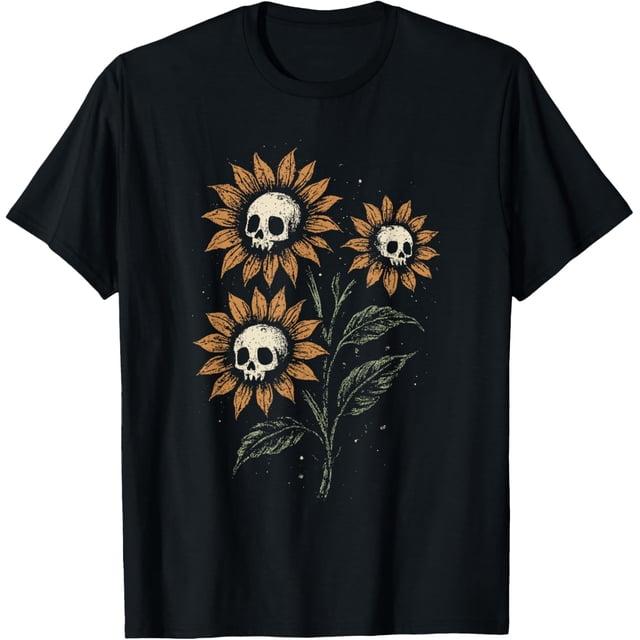 Playera Skull Sunflowers Gothic Goth Creepy Cute Alt Grunge Y2K, Manga Corta Unisex, Color Negro, Talla 3XL