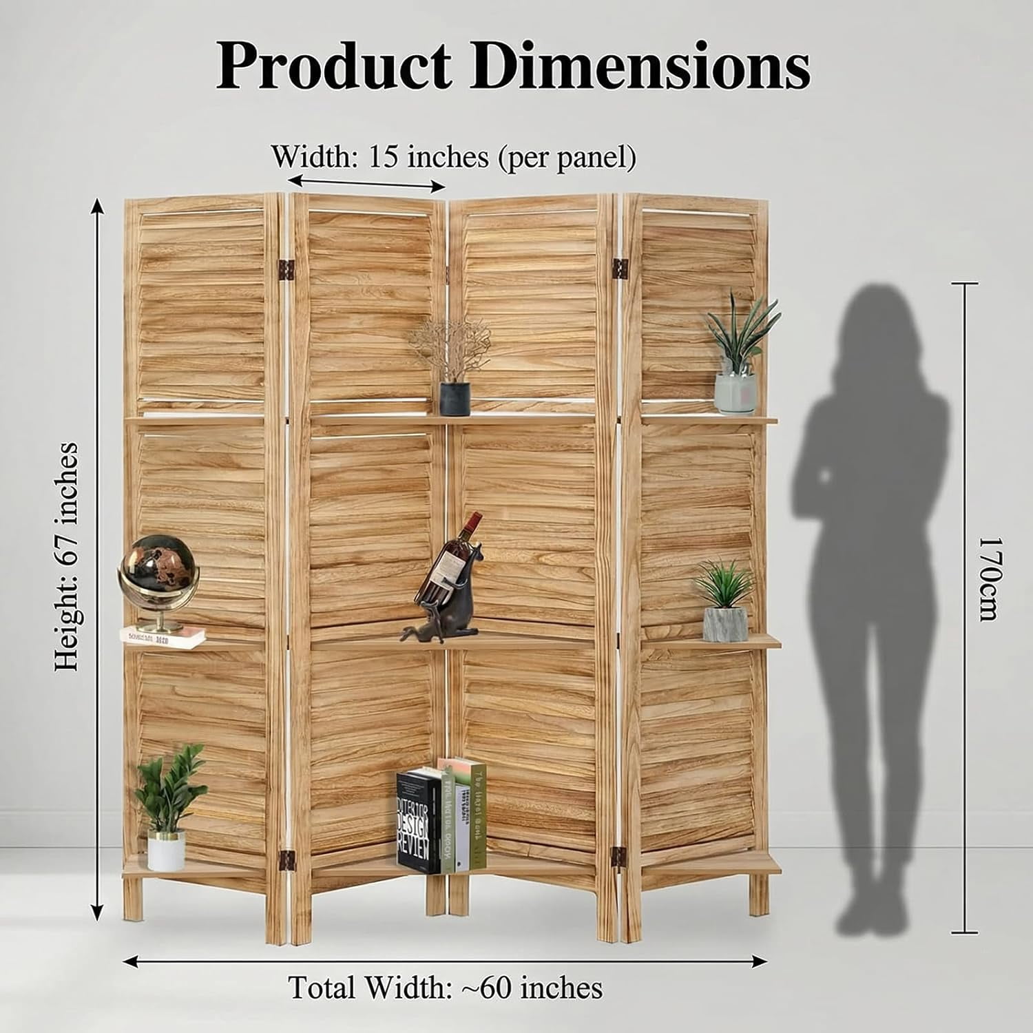 4 Panel Bamboo Room Divider with Shelves, Lightweight Privacy Screen for Bedroom Home Office, No Assembly Required