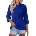 thumbnail image 2 of Women's Solid Color Polo Shirts 3/4 Sleeve Button Down Collared Shirts with Pocket Business Casual Work Tops Athletic Tennis Golf Shirt 3 Buttons Spring & Autumn Work Basic Blouse Blue L, 2 of 6
