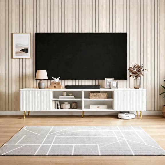 86 Inch Modern Wood Fluted TV Stand Media With Storage Large,Console with Gold Metal Legs, Entertainment Center Cabinet for TVs Up to 80"(White)