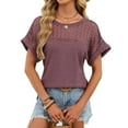 thumbnail image 2 of ManxiVoo Women Lace Trim Tee Round Neck Short Sleeve Blouse in A Relaxed Fit for Casual Outings M Size Brick Red, 2 of 7