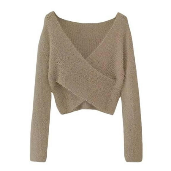Women's Sweater Cross V Neck Twist Long Sleeve Cropped Knitted Solid Elegant Slim Fall Clothes Outfits