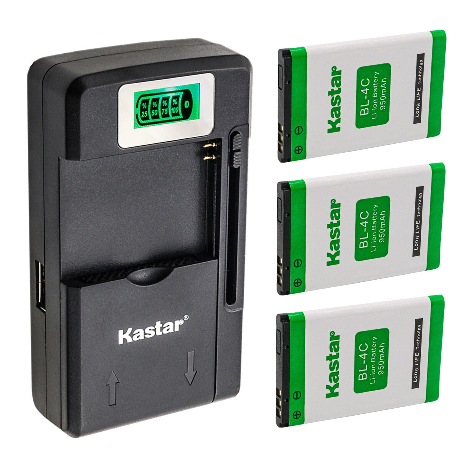 Kastar 3-Pack BL-4C Battery and Smart LCD Charger Replacement for KAZAM KAC5 KAC5-HELBE0003594 KALB2 KALB2-MXDB01351 Life B2 Life C5 Lubi 3 NGM Boris BL-40 BL-OS4 BL-VA Micromax C250