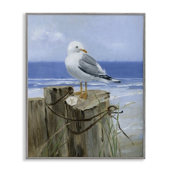 Stupell Industries Rustic Lodge Seagull Sand Dollar on Soft Nautical Beach Post Gray Framed Giclee Art, 11 x 14, by Sally Swatland