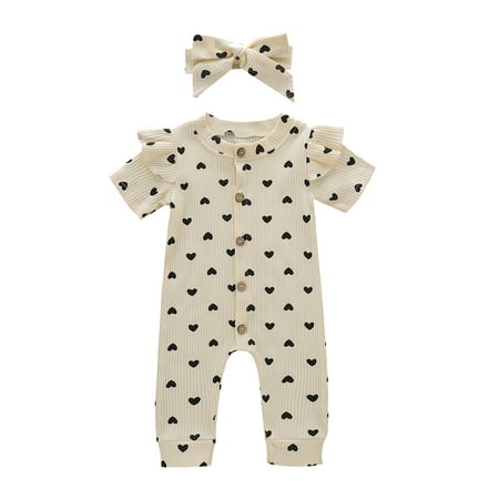 

Fsqjgq Baby Girl Romper Jumpsuit Ruffles Hearts Print Jumpsuit+Headbands Baby Romper Girls Valentine s Day Girls Romper&Jumpsuit Lightweight Baby Clothes Cotton Blend Beige 100