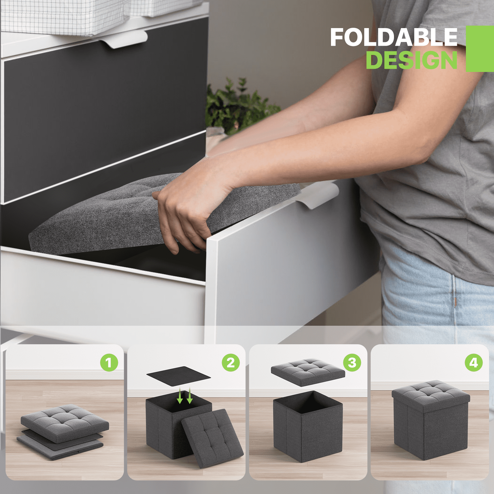 Magshion 15" Cube Folding Ottoman with Storage, Cotton-linen Collapsible Storage Ottoman Foot Stool, for Living Room Bedroom Entryway, Dark Gray