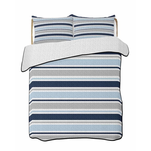 Quilt King Size Bedding Set, Navy Blue Gray Striped Reversible Summer Quilt 3 Pieces, Farmhouse Stripes Modern Abstract Art Lightweight Bedspreads Coverlets with 2 Pillow Shams for All Seasons