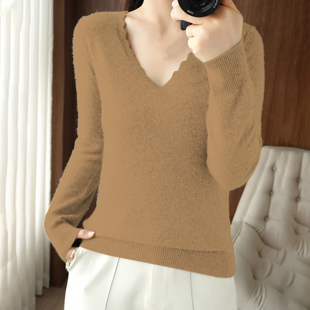 IMENGL Women's spring solid short lace v neck pullover, Gold M, Size M-2XL