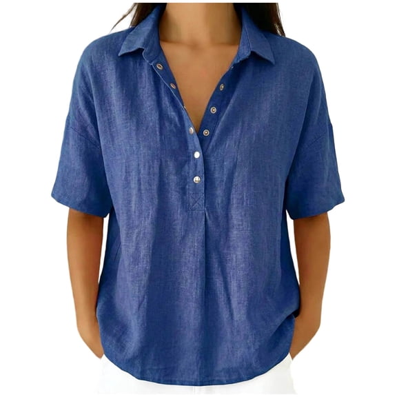 OGLCCG Cotton Linen Shirts for Women Half Sleeve Lapel Snap Shirt Casual Loose Fit Summer Beach Vacation Blouse Dressy,Blue