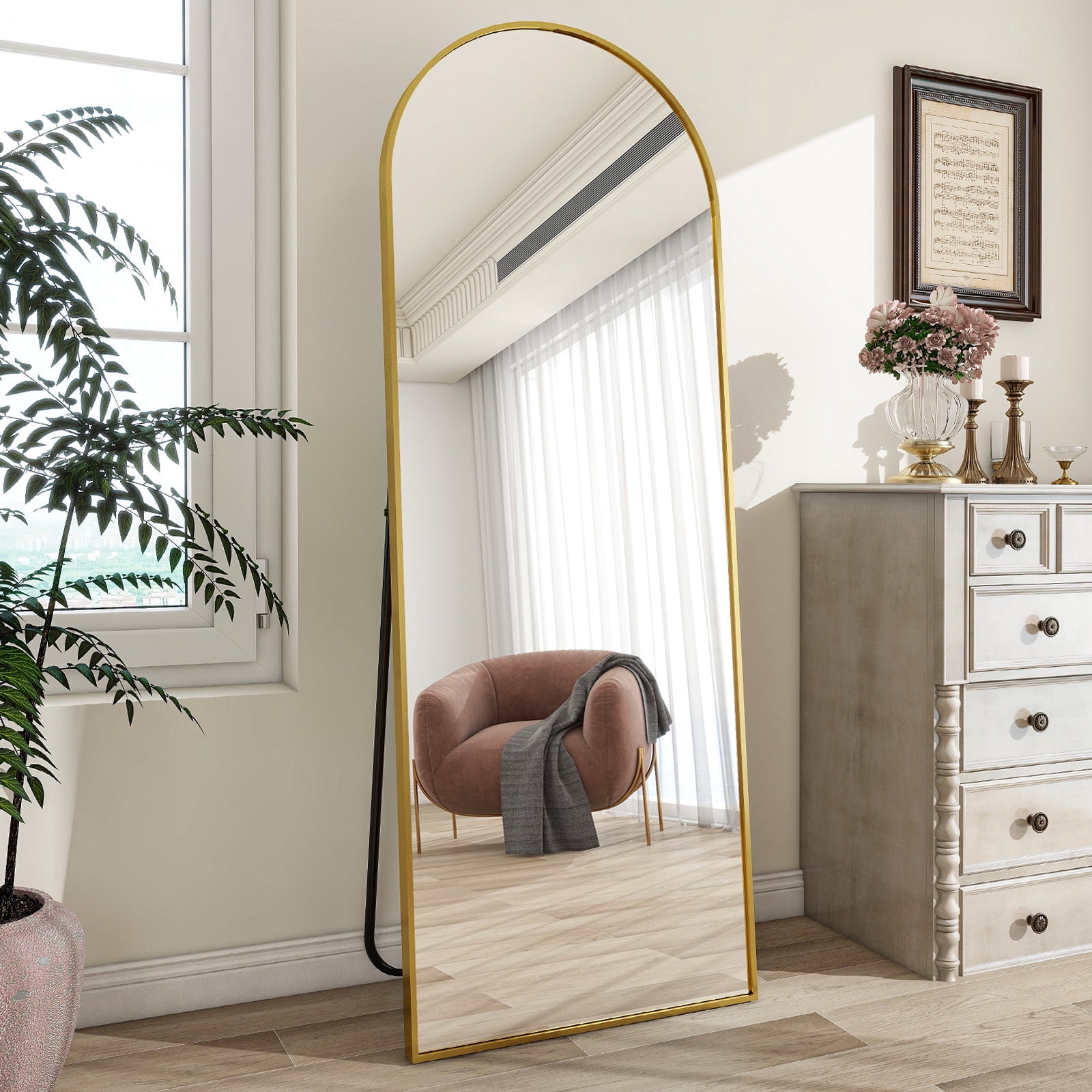 SEETHRUGLIMMER 64"x 21.25" Arched Full Length Mirror Metal Frame Floor Mirror with Stand, Gold