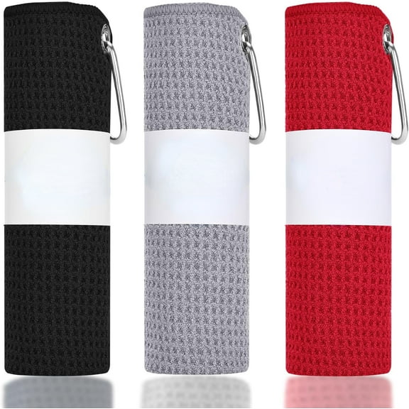 Microfiber Fishing Towels with Clip, Waffle Pattern for Effective Cleaning of Fishing Gears or Dirty Hands, 16” x 16”, Camping Towels, Hiking Towels, Pack of 3 (Black/Grey/Red)