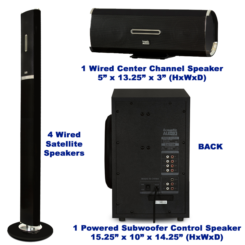 Acoustic Audio AAT1002 Bluetooth Tower 5.1 Speaker System with Mic Powered Sub and 2 Extension Cables - image 4 of 7