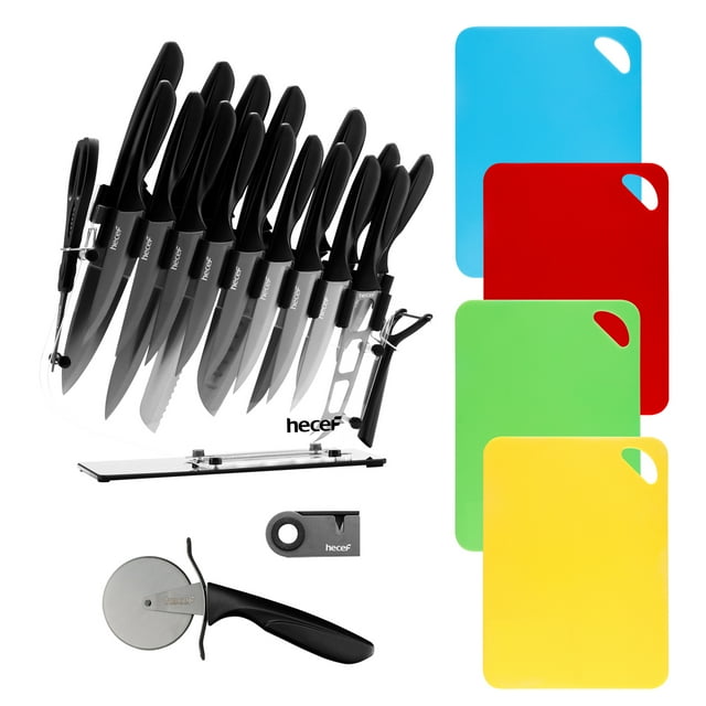 Hecef Knife Block Set, 25 Pieces Titanium Plated Stainless Steel Kitchen Knives with Cutting