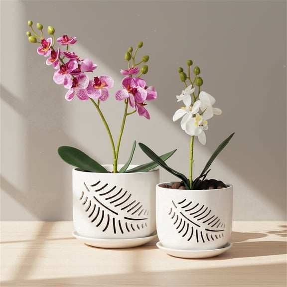 EFISPSS White orchid pots with holes, 5 6 inch ceramic flower pot with drainage holes and saucers,2 PACK