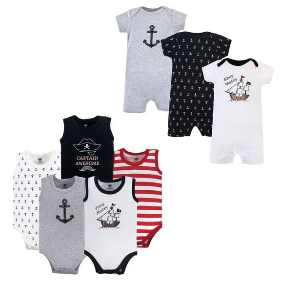 Hudson Baby Infant Boy Cotton Bodysuits and Rompers, 8-Piece, Pirate Ship, 0-3 Months