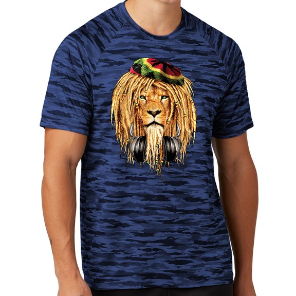 Mens Rasta Lion with Headphones Rastafarian Moisture-Wicking Camo Tee Shirt, Small True Royal Blue