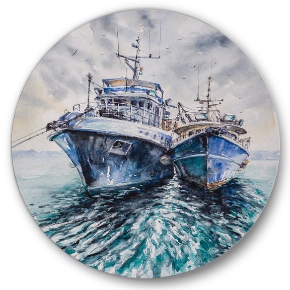 Designart 'Blue Fishing Boats Before A Storm Anchored' Nautical & Coastal Circle Metal Wall Art 36x36 - Disc of 36