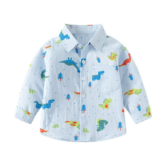 Girls Clothes, Boys Dinosaur Shirts Button Down Long Sleeve Graphic Fashion Tops Chest Pocket Party Christmas Costumes (3 Years, Light Blue)