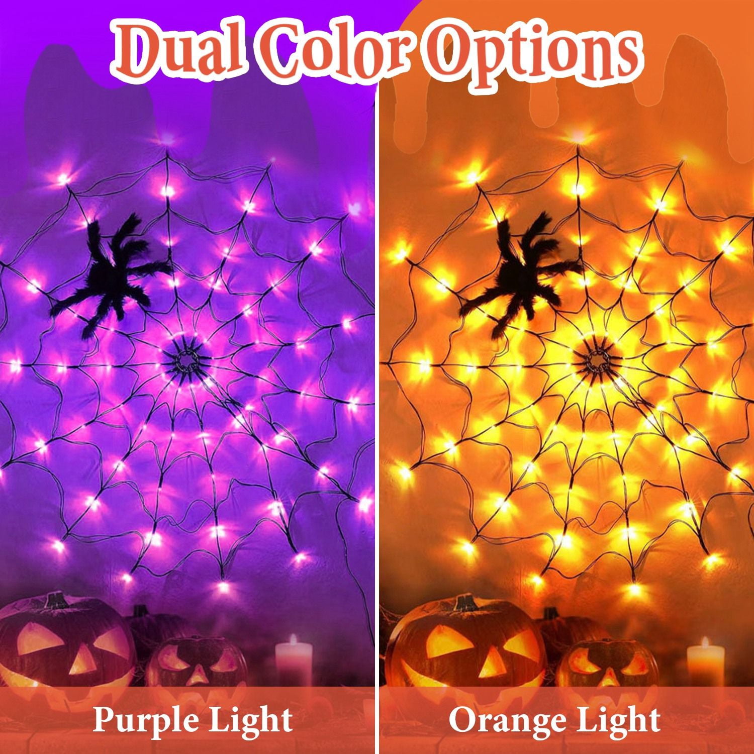 Halloween Spider Web Light, 3.28ft Diameter, 70 LEDs, 8 Modes, 10 Brightness Levels, Battery Powered, IP44 Waterproof with Remote & Timer