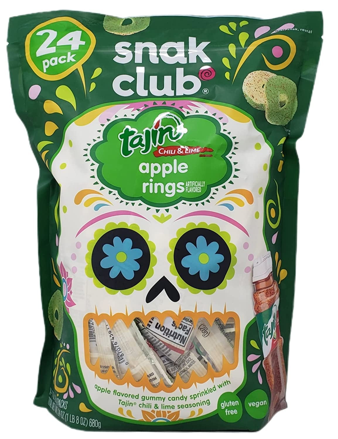 Snak Club Tajin Apple Rings Chili & Lime Seasoned Gummy Candy Snack