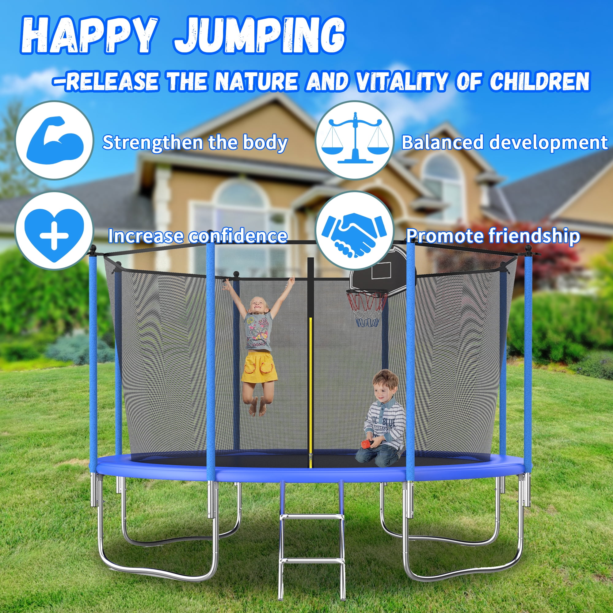Shengchao Trade 1000LBS 10FT Trampoline for Adults and Kids,Trampoline with Enclosure,Basketball Hoop, Recreational Trampoline with Ladder, Heavy Duty Trampoline Capacity for 4-6 Kids