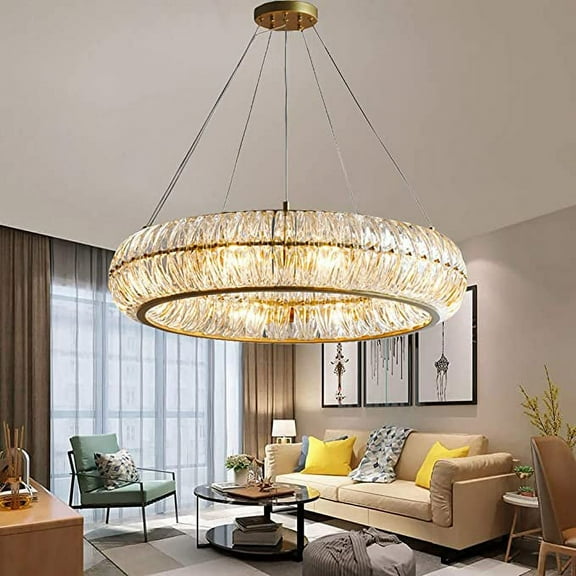 KPIBEST Crystal Halo Chandelier Lighting Modern 2-Level 8 Lights Luxury, Pumpkin Ceiling Light Adjustable Gold Circular Pendant Lights for Kitchen Island Dining Living Room Bedroom