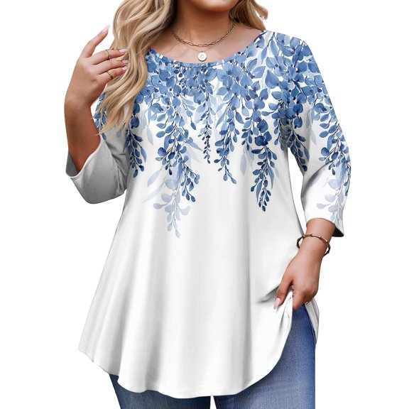 AzureSilk Plus Size Tops for Womens 3/4 Sleeve Tunic Tops Casual Loose Fit Swing Fall Winter T Shirts Blouse Basic Shirts Women's Plus Size, Sizes L-5XL